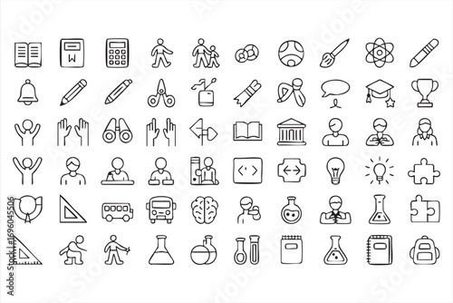 Modern School Icon Set with Teachers Students and Academic Achievement Symbols