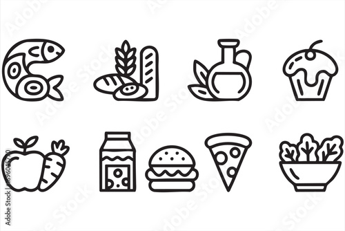 Pizza Slice Cupcake Bread and Milk Icons in Minimal Outline Style
