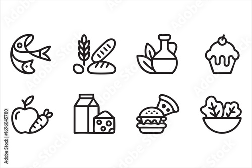 Healthy Nutrition and Fast Food Line Icons Collection for Restaurant Design