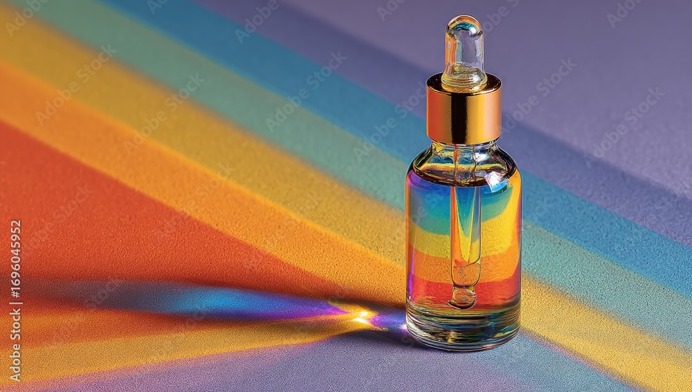 Naklejka premium Colorful dropper bottle on rainbow backdrop
