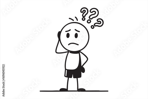 Confused Stick Figure Character with Question Marks in Minimal Style
