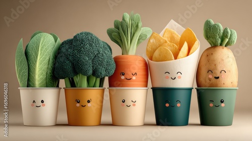 Cute cartoon veggies & fries in cups