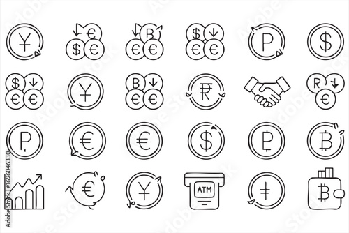 Minimal Outline Icon Pack Featuring Dollar Euro Yen Ruble and Wallet Graphics