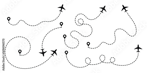 Airplane line path route travel vector concept. Simple airplane travel line path with map pins. Air plane routes dotted paths aircraft travel route start point flight destination black airplane.