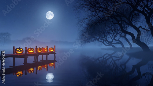 Moonlit Foggy Pier with Pumpkins