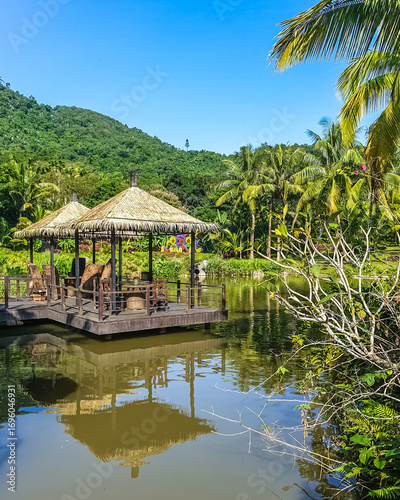 Gazebo on the lake in the Yanoda Rainforest Cultural Tourism Zone