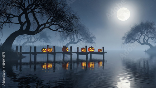 Lakeside Dock under Full Moon and Fog