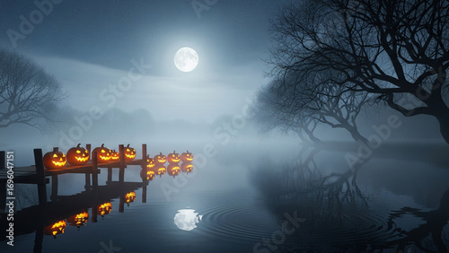 Fog-Shrouded Pier and Lantern Pumpkins