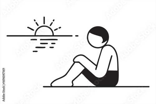 Outline Drawing of Person Sitting by Ocean at Sunset