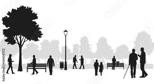 people walking in park under trees near benches