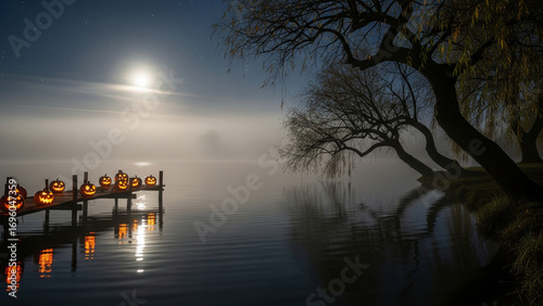 Full Moon over Pier with Lantern Pumpkins