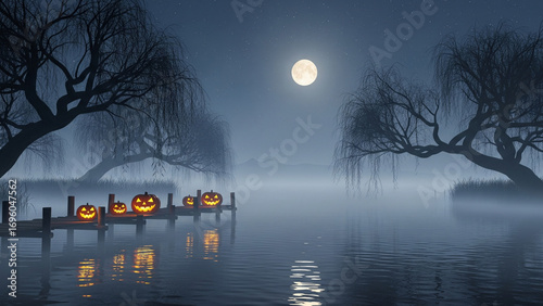 Misty Lakeshore Dock at Night