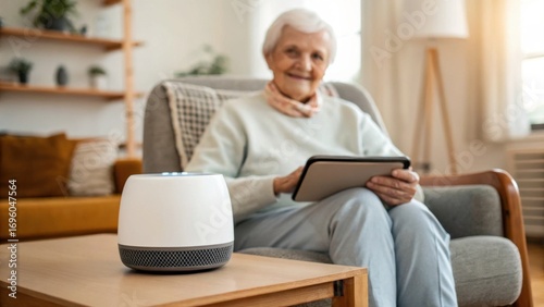 An elderly woman sits comfortably in a cozy living room, using a tablet while a smart speaker rests on a nearby table.