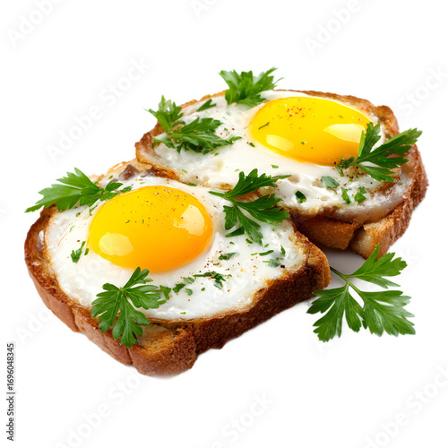 Toasts Topped with Fried Eggs Meat and Parsley isolated on a transparent background.
