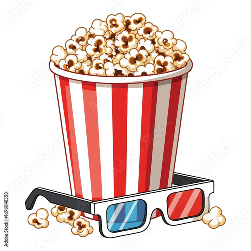 Vector art of bucket of popcorn and 3d glasses for movie watching