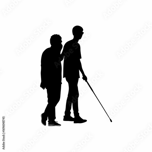 Young person assisting blind man crossing street promoting public empathy and awareness