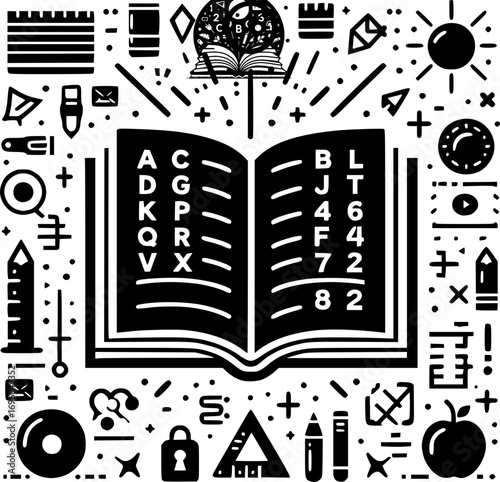 Minimalist black and white vector of open book with letters and numbers, flat educational symbol design