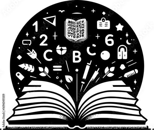 Minimalist black and white vector of open book with letters and numbers, flat educational symbol design