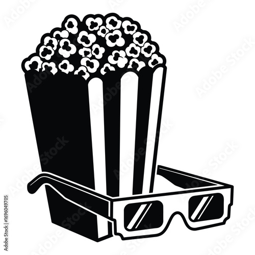 Vector art of black and white illustration of a popcorn bucket with 3d glasses