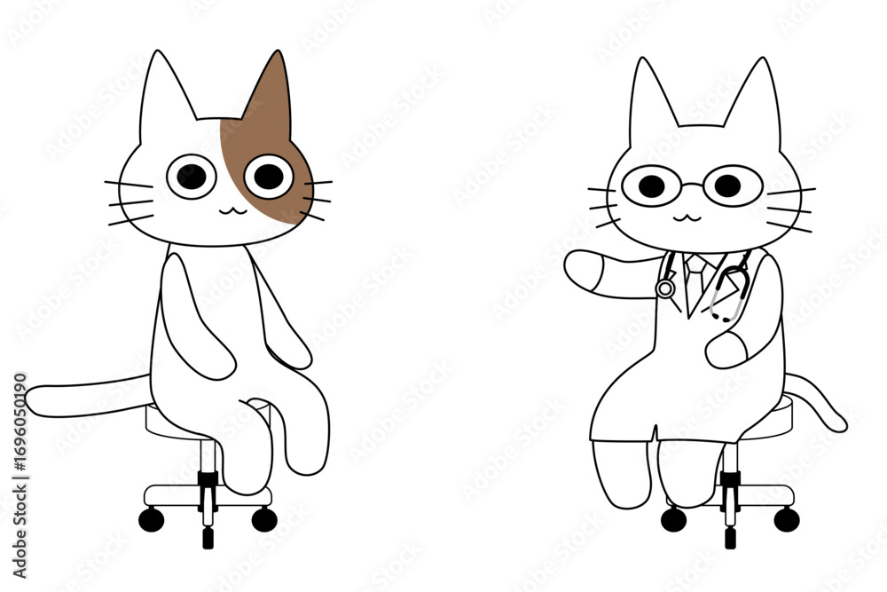 Obraz premium 診察する医者と患者の猫キャラクターのイラスト