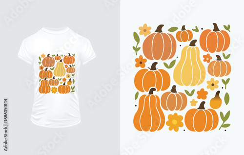 Assorted Pumpkins and Flowers Pattern on White T- Shirt Mockup autumn fall