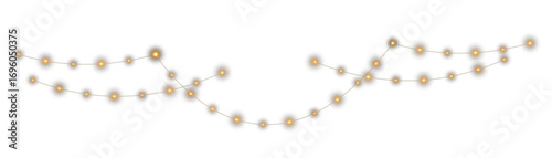 Warm glowing garland. Decorative LED string lights with lamps, isolated on transparent background. Vector Christmas, wedding, New Year and birthday celebration holiday light decoration.