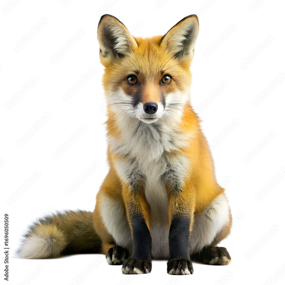 Fototapeta premium Captivating red fox sitting isolated on transparent background, its vibrant fur and alert expression showcasing the beauty of wildlife in nature