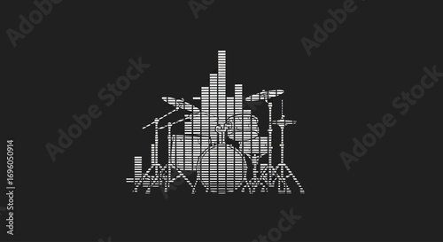 A monochrome drum kit is rendered as a cityscape of sound, its form built from the pulsing bars of a digital audio equalizer