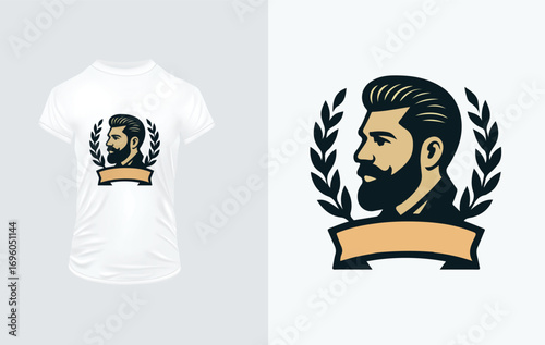Bearded man profile in laurel wreath and ribbon graphic for t-shirt Keywords: man, male, profile