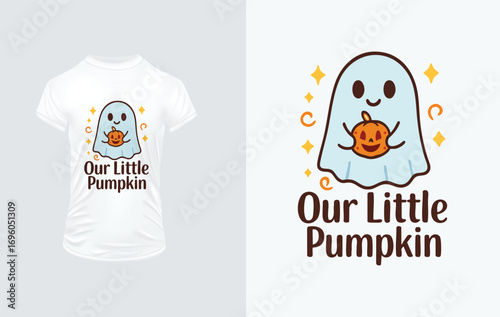 Cute Ghost Holding Pumpkin Our Little Pumpkin T-shirt Design halloween