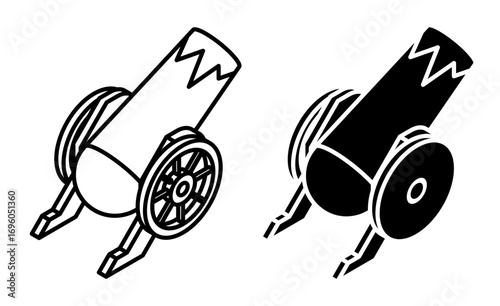 Linear icon, isometric circus cannon on wooden wheels for performing dangerous tricks aerial view. Simple black and white top view vector isolated on white background
