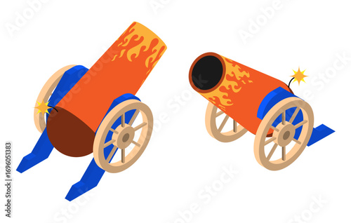 Isometric Circus cannon on wooden wheels for shooting fireworks. Circus equipment. Realistic 3D vector concept isolated on white background