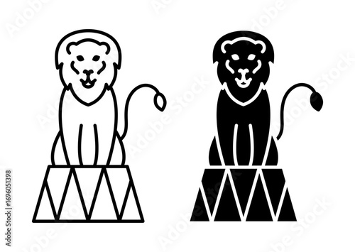 Linear icon. Trained lion sits on circus pedestal stand and waiting for handler command. Simple black and white vector isolated on white background