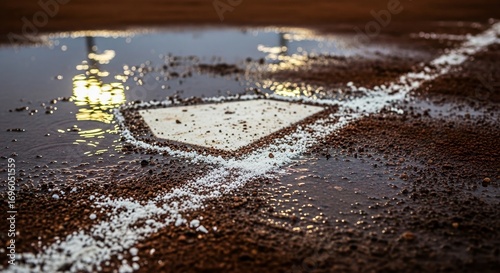 A baseball home plate sits in wet, muddy dirt with a puddle reflecting stadium lights after a rain delay.