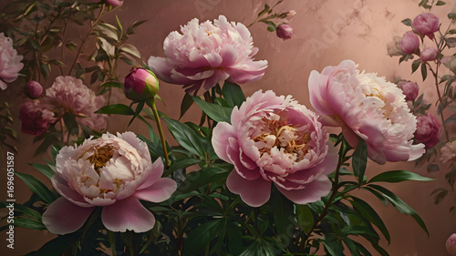 Fototapeta Naklejka Na Ścianę i Meble -  A surreal and vibrant cinematic photo set against a rose gold background with intricate artwork created from oil paints, featuring beautiful and realistic peonies with delicate petals and lush green 