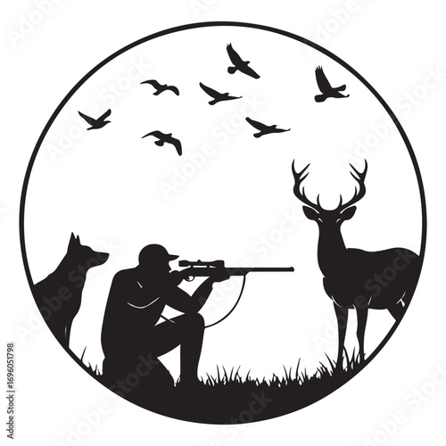 Hunter with Dog and Deer Silhouette in Circle - Wildlife Scene