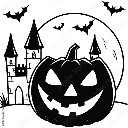 Spooky Halloween night features a grinning pumpkin, haunted castle, full moon, and flying bats