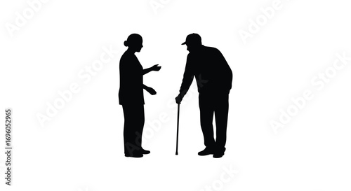 a silhouette interaction between two figures one holding cane