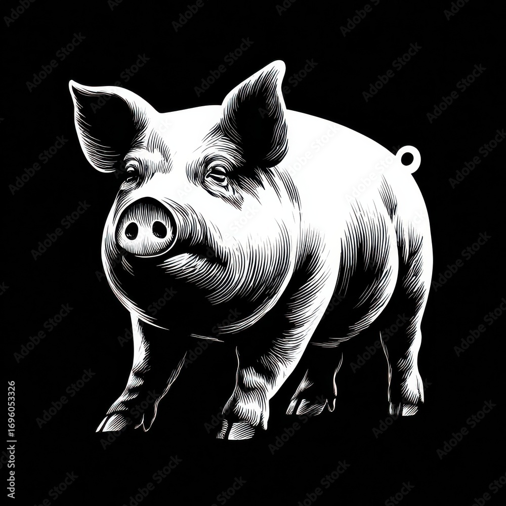 Fototapeta premium A lively piglet runs playfully on a smooth surface in a dark studio. The animals texture and features are highlighted by the contrasting light, emphasizing its joyful demeanor.