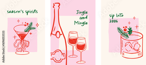 Merry Christmas, hand drawn illustrations of wine, champagne, holiday cocktails. Vertical Christmas cards in modern vintage style. Christmas eve dinner, glasses, tree decorations elements