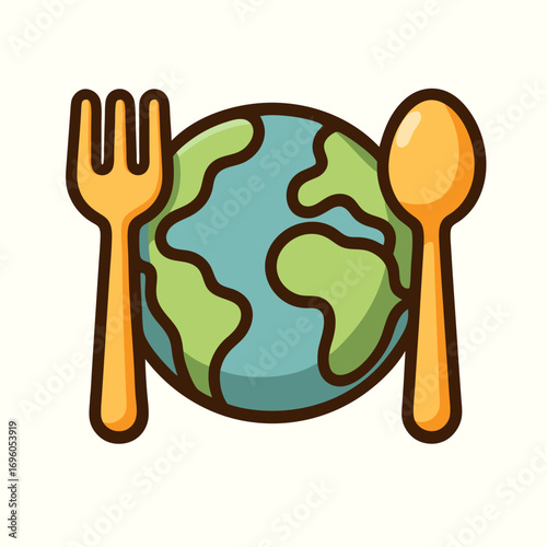 Cartoon flat style globe with fork and spoon symbolizing food around the world 
