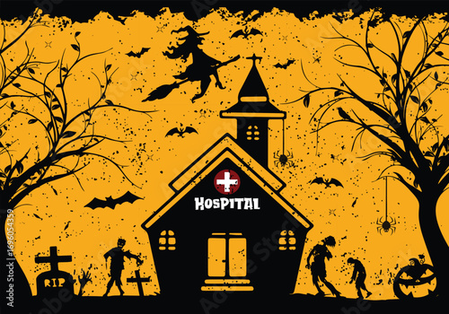 A haunted hospital on Halloween night, with zombies emerging from a graveyard and a witch soaring across the sky, a perfect spooky vector illustration