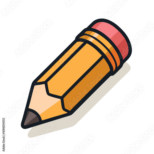 Flat style yellow pencil with red eraser, symbol of writing, drawing, and creativity.
