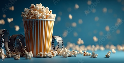 Popcorn With Film Reel on Blue Background During Movie Night at Home.