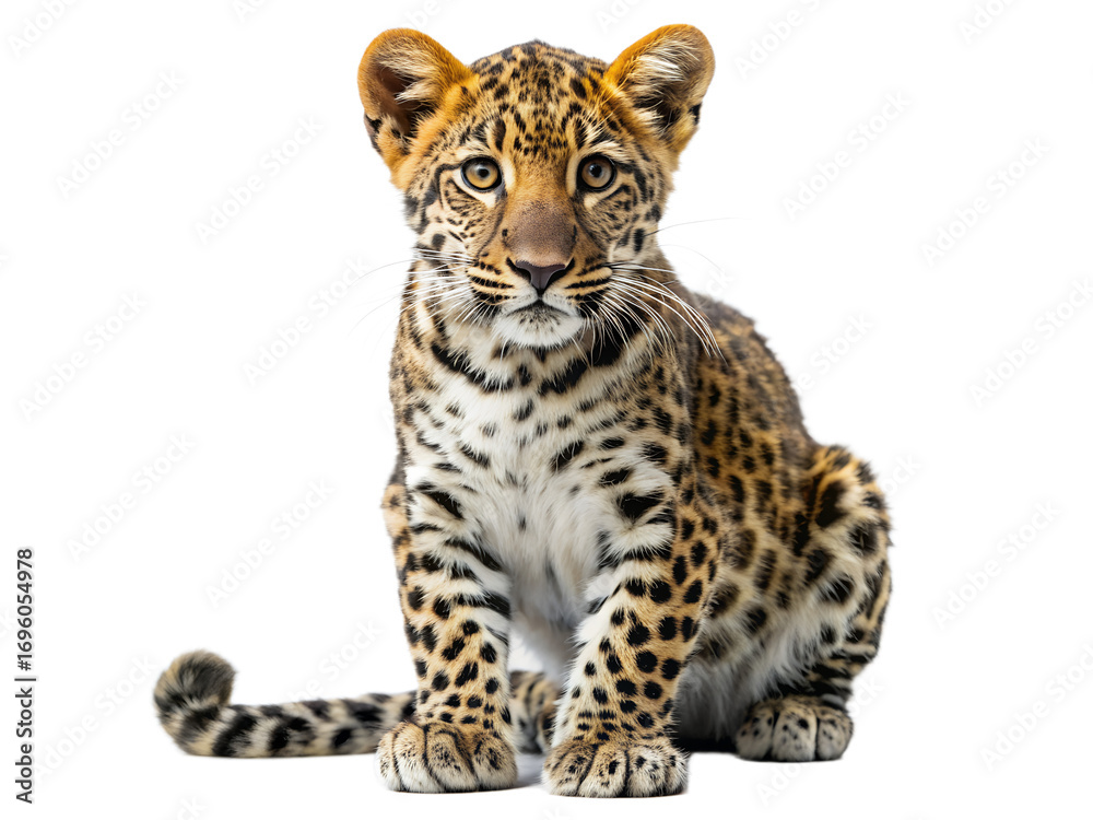 Fototapeta premium Adorable jaguar cub sitting isolated on transparent background, showcasing its beautiful fur and markings, looking at the camera with its cute eyes