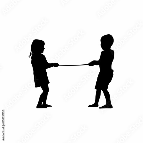 Children playing tug of war silhouette at a fair on white background