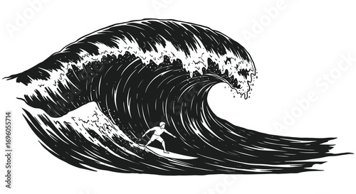 a surfer rides through an enormous crashing wave