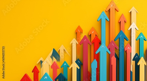 Colorful Arrows Pointing Upward Against a Bright Yellow Background Representi...