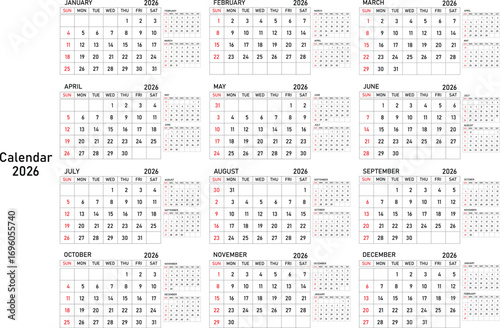 Calendar 2026 year vector illustration. Planner 2026. Simple planner template, desk calendar 2026 year. Monthly calendar layout for 2026 year. Week Starts on Sunday.	
