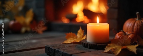Cozy autumn evening ambiance with a flickering hearth candle casting a warm glow on a rustic wooden surface Perfect for fall, home decor, and hygge themes , hearth, aroma, natural